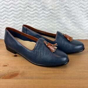 Trotters Womens Liz Tassel Loafers Navy Leather Brown Comfort Flat Shoes Sz 8M